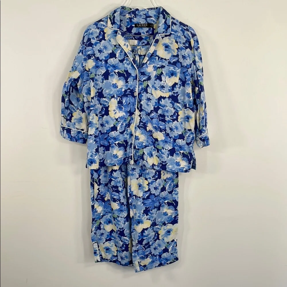 Lauren Ralph Lauren‎ Floral 3/4 Sleeve Notch Collar Long Pants Pajama Set Sz L